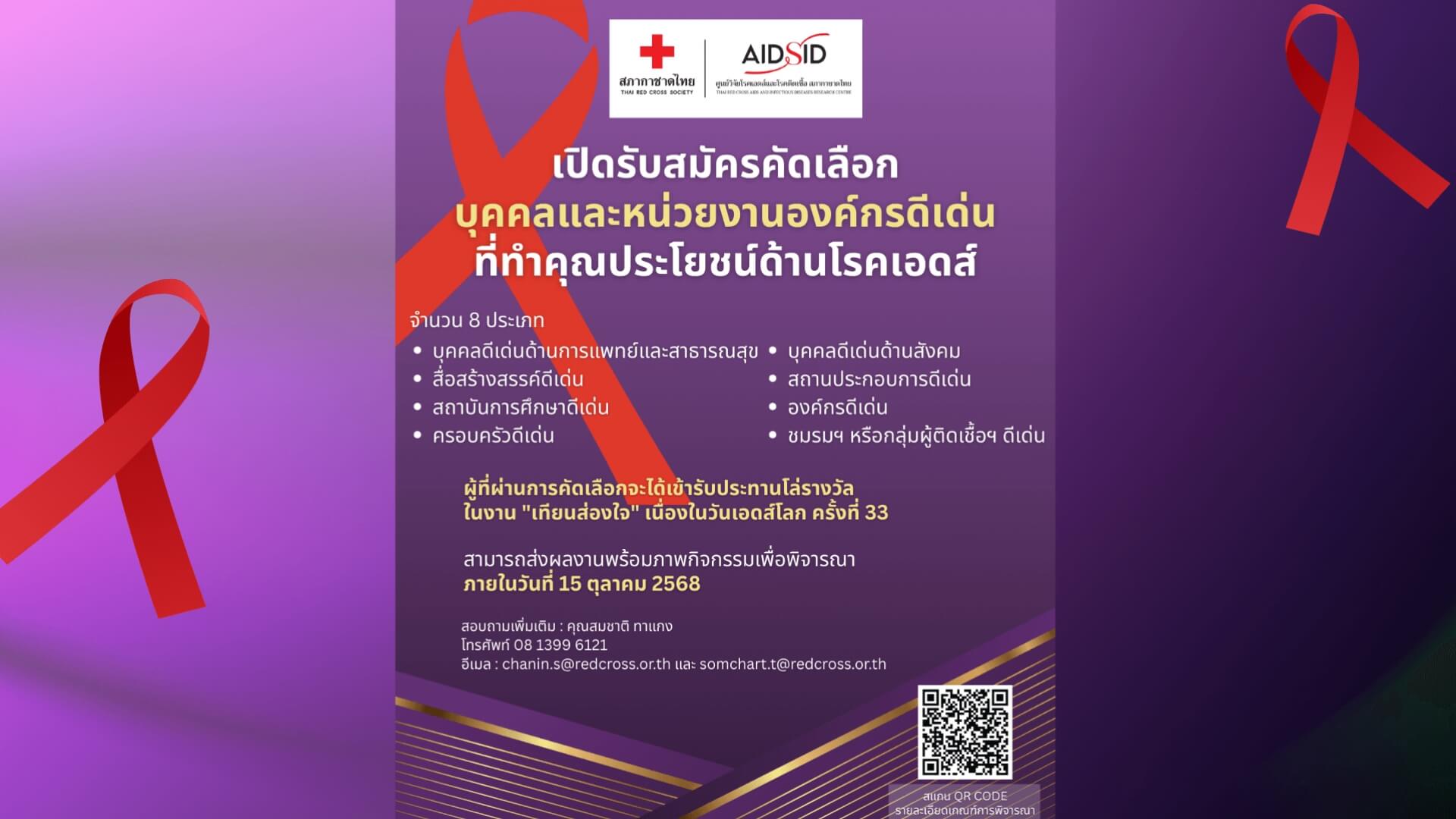 สภากาชาดไทยขอเชิญเสนอชื่อบุคคล หน่วยงาน หรือองค์กรดีเด่น ที่ทำงานด้านเอดส์ เข้ารับโล่ประทาน ในงาน "เทียนส่องใจ" เนื่องในวันเอดส์โลก ครั้งที่ 33 ประจำปี 2568